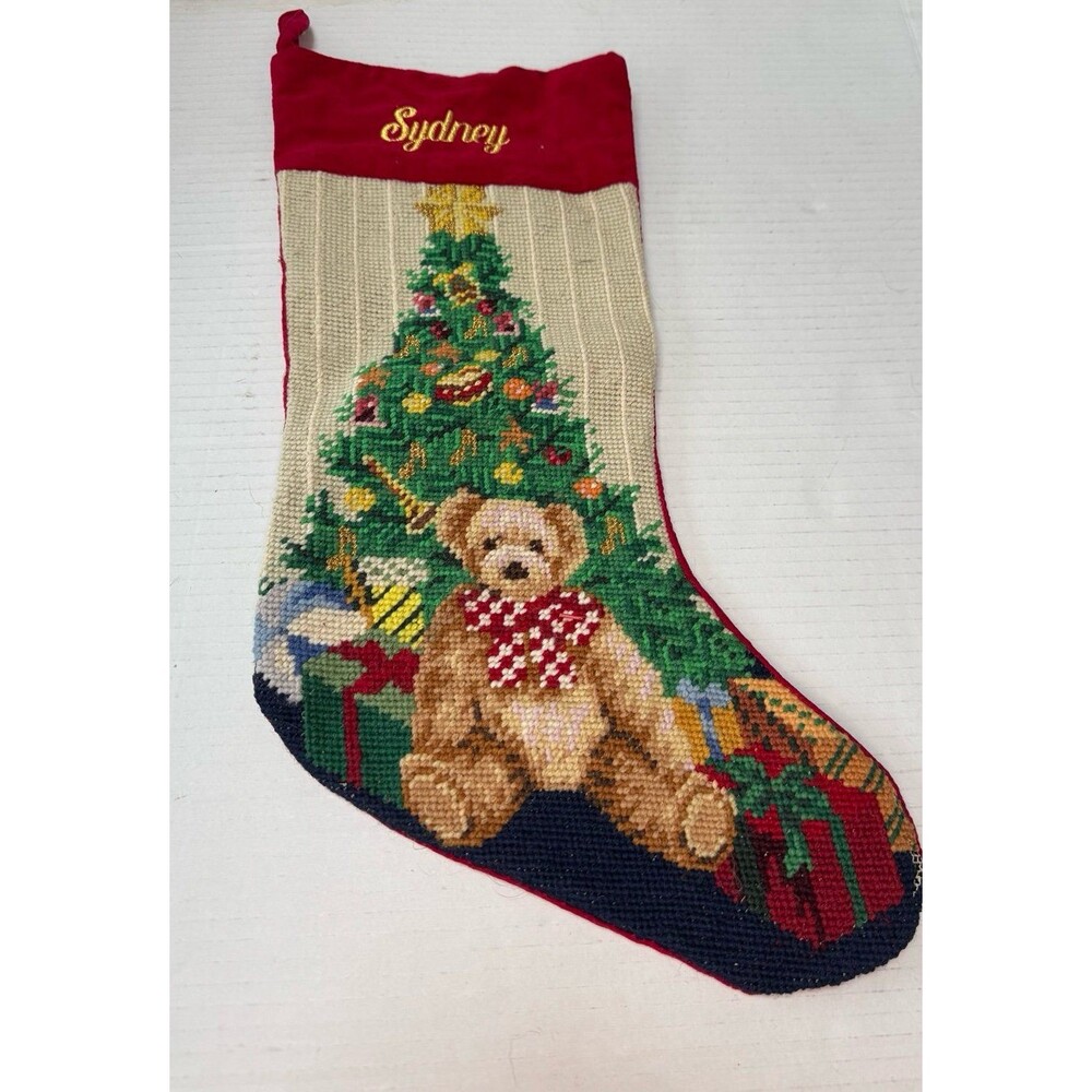 VTG Lillian Vernon Wool Needlepoint Velvet Christmas Stocking Tree Bear Sydney